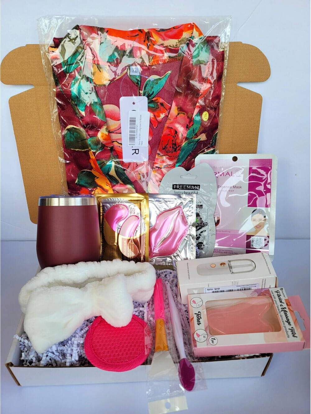 Women's Pampering Gift Basket with Floral Satin Robe